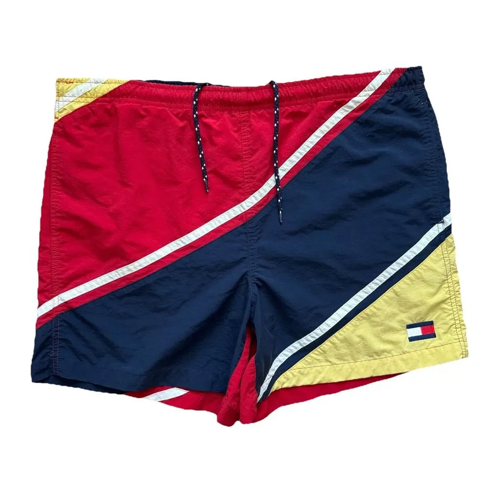 Vintage Tommy Hilfiger Colorblock Swim Trunks Mens M Red Yellow Blue Flag Shorts